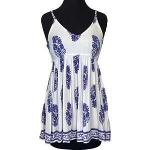 Devi Blue & White Boho Mini Dress Size Small Adjustable Straps